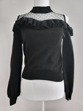 ANK ROUGE Black Semi-Sheer Off Shoulder Ruffled Sweater